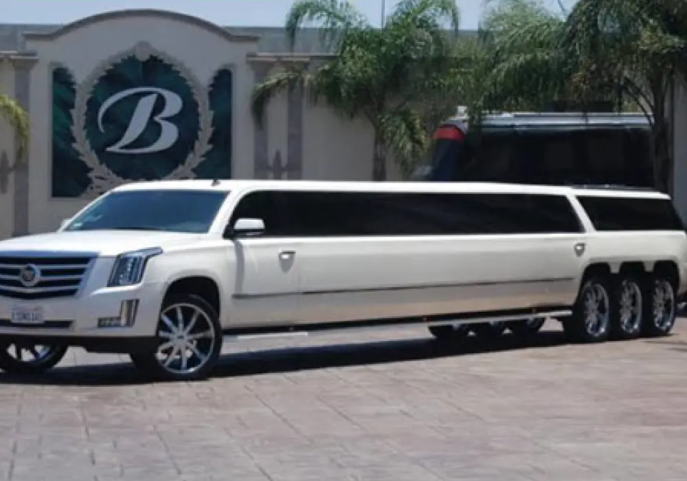 a white limousine parked in front of a building