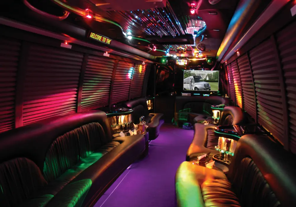 inside a party bus with colorful lights