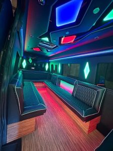 Sprinter party van interior with LED lighting and leather seating
