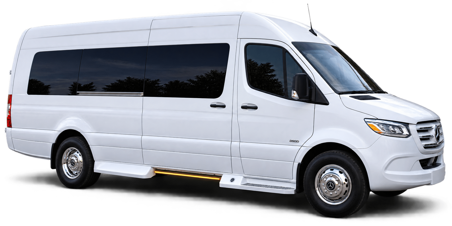 White 14 passenger Mercedes-Benz Sprinter van side profile