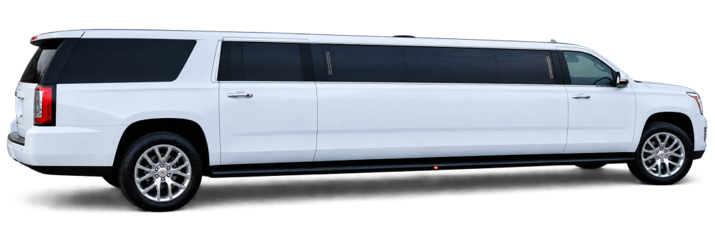 White 18 passenger stretch SUV limousine side profile