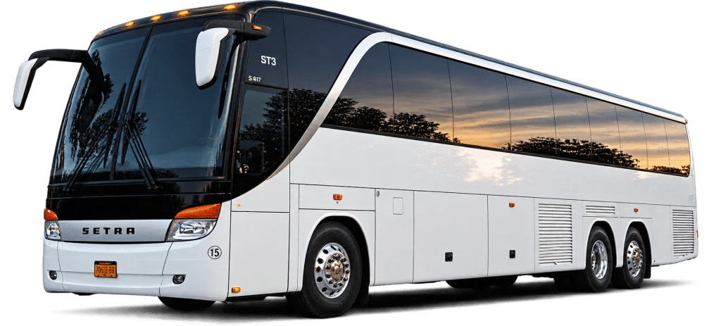 White 50 passenger party bus side profile