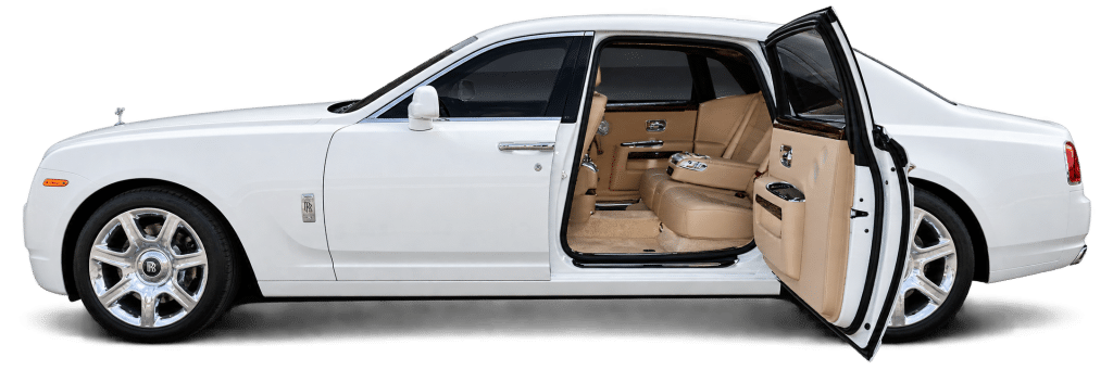White Rolls-Royce Ghost side profile with rear coach door open showing tan leather interior