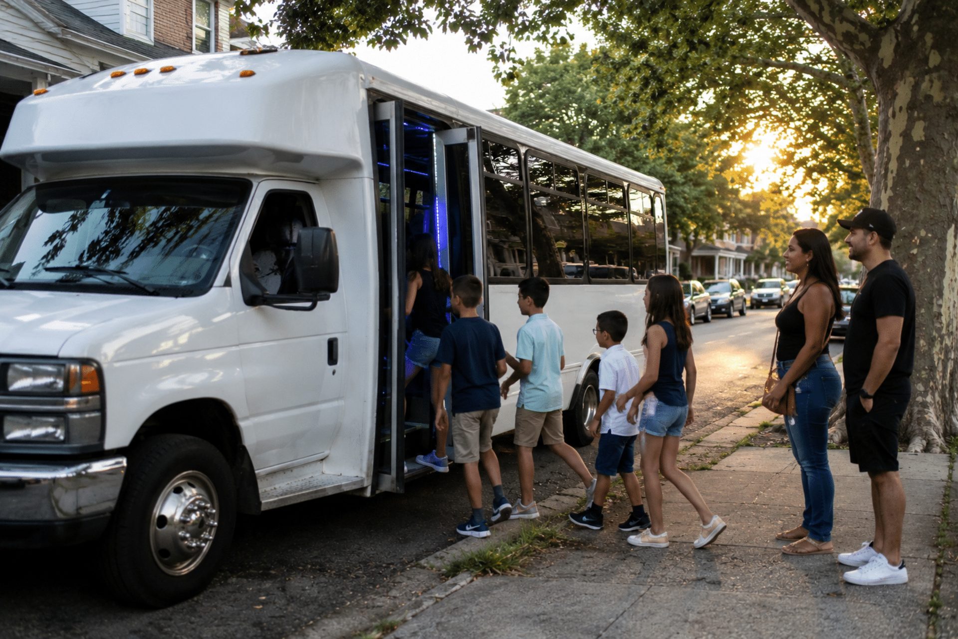 Kids boarding a white J&A party bus with LED lighting for a birthday party on a Queens street at golden hour