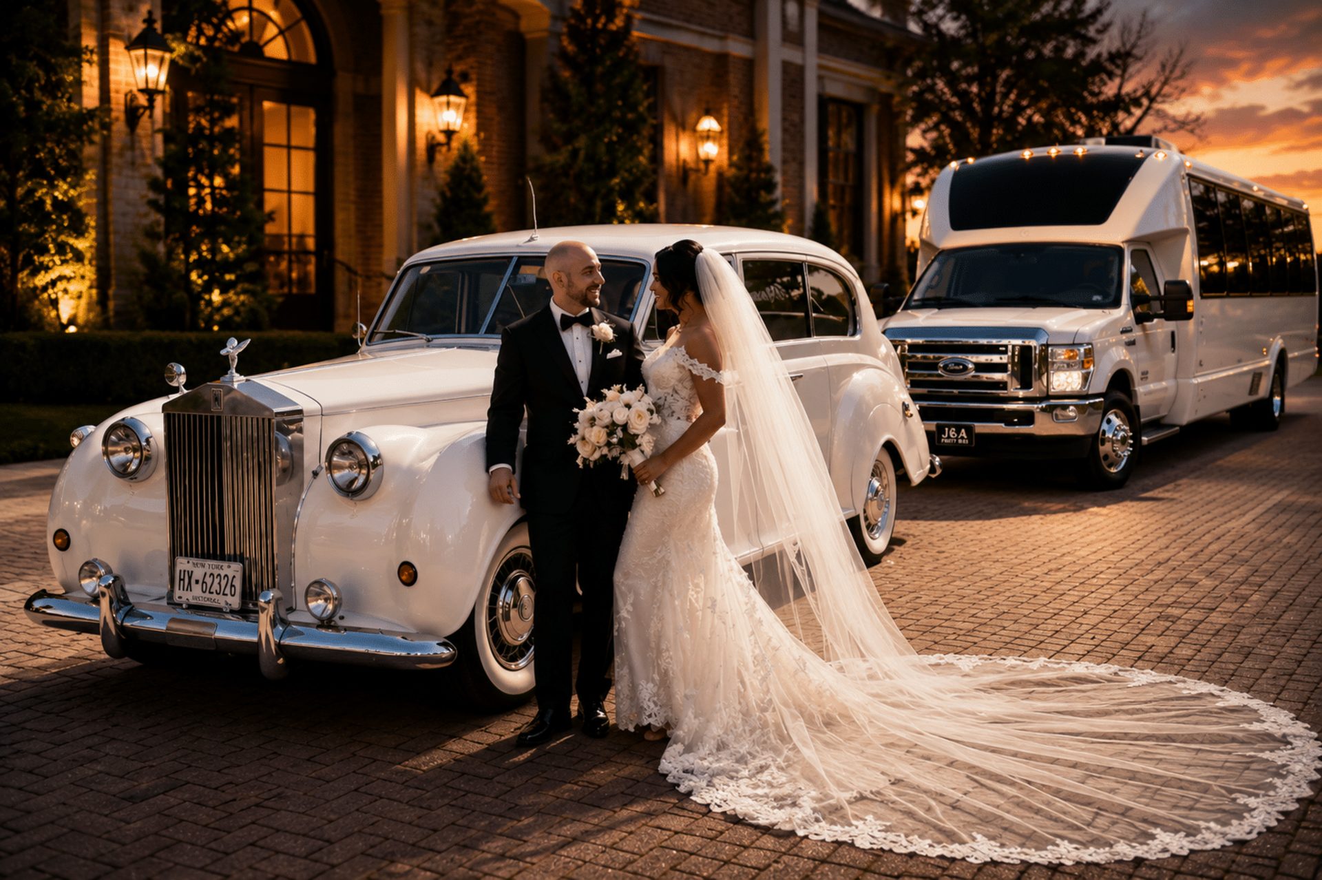 Bride and groom beside a classic white Rolls-Royce with a J&A party bus at an NYC wedding venue