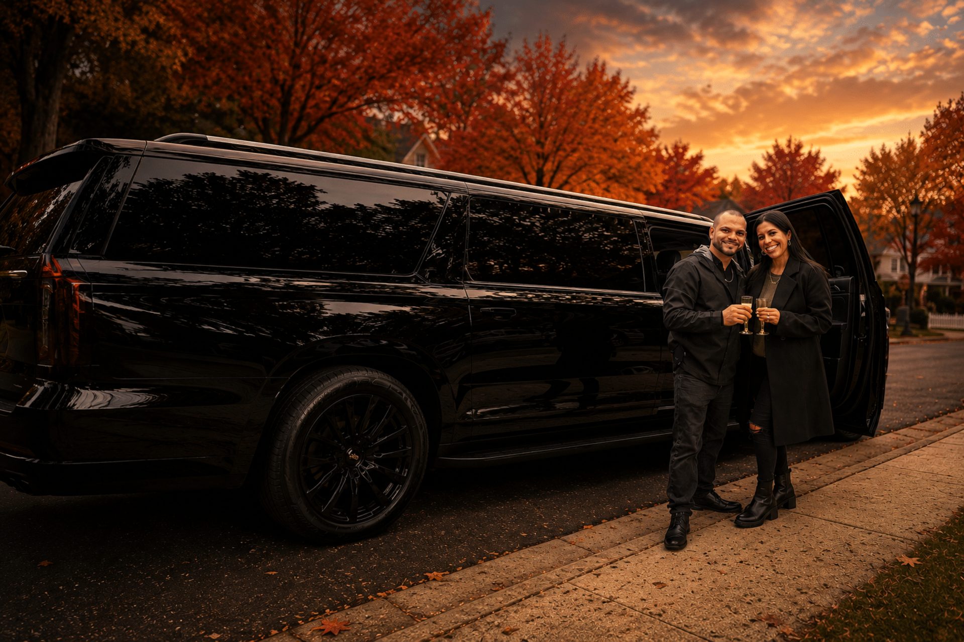 Couple holding champagne glasses beside a black stretch SUV limousine