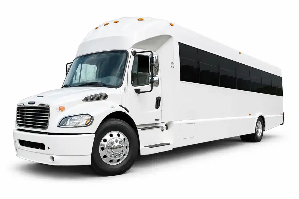 White 35 passenger party bus with restroom, exterior view