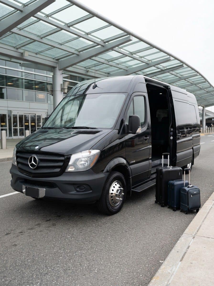 Airport limo service from the Bronx Black Mercedes-Benz Sprinter van at an airport terminal for a the Bronx airport transfer