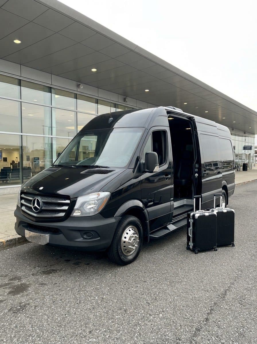 Black Mercedes-Benz Sprinter van at an airport terminal for a Westchester County airport transfer