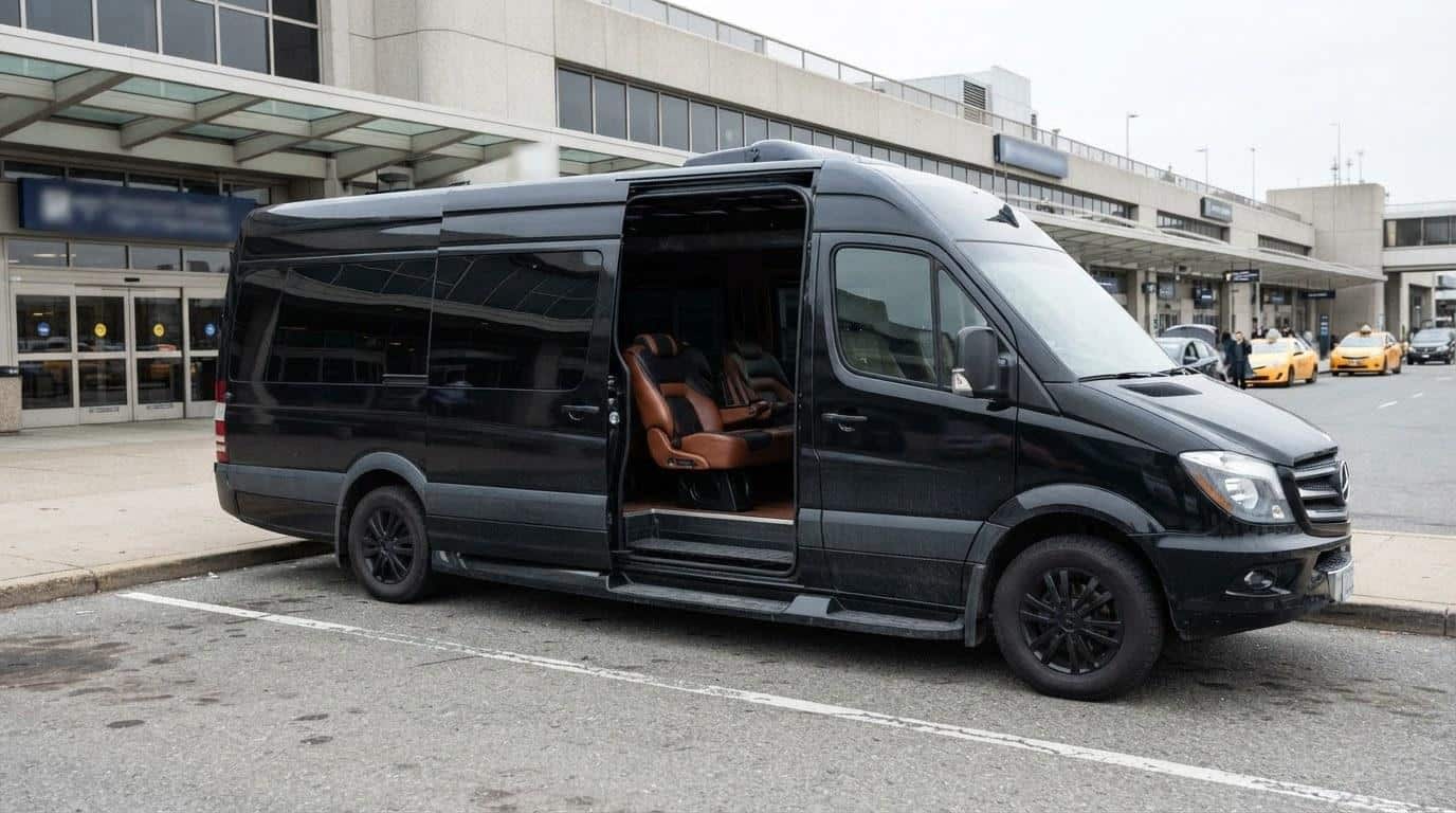 Luxury black charter van parked at airport departure curb for group airport transfer in New Jersey