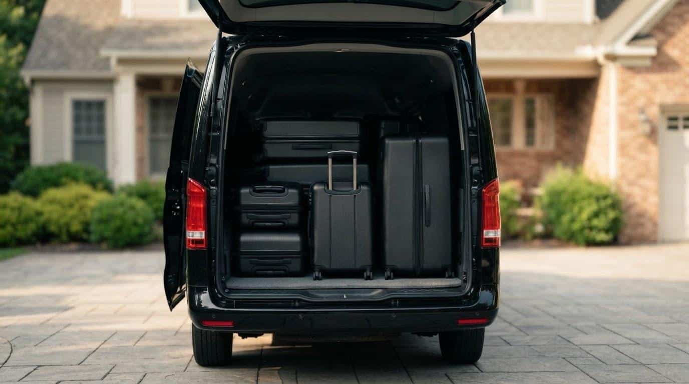 Luggage loaded into the cargo bay of a luxury charter vehicle for airport transfer service in New Jersey