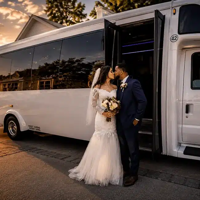 Bride and groom kissing beside a white party bus