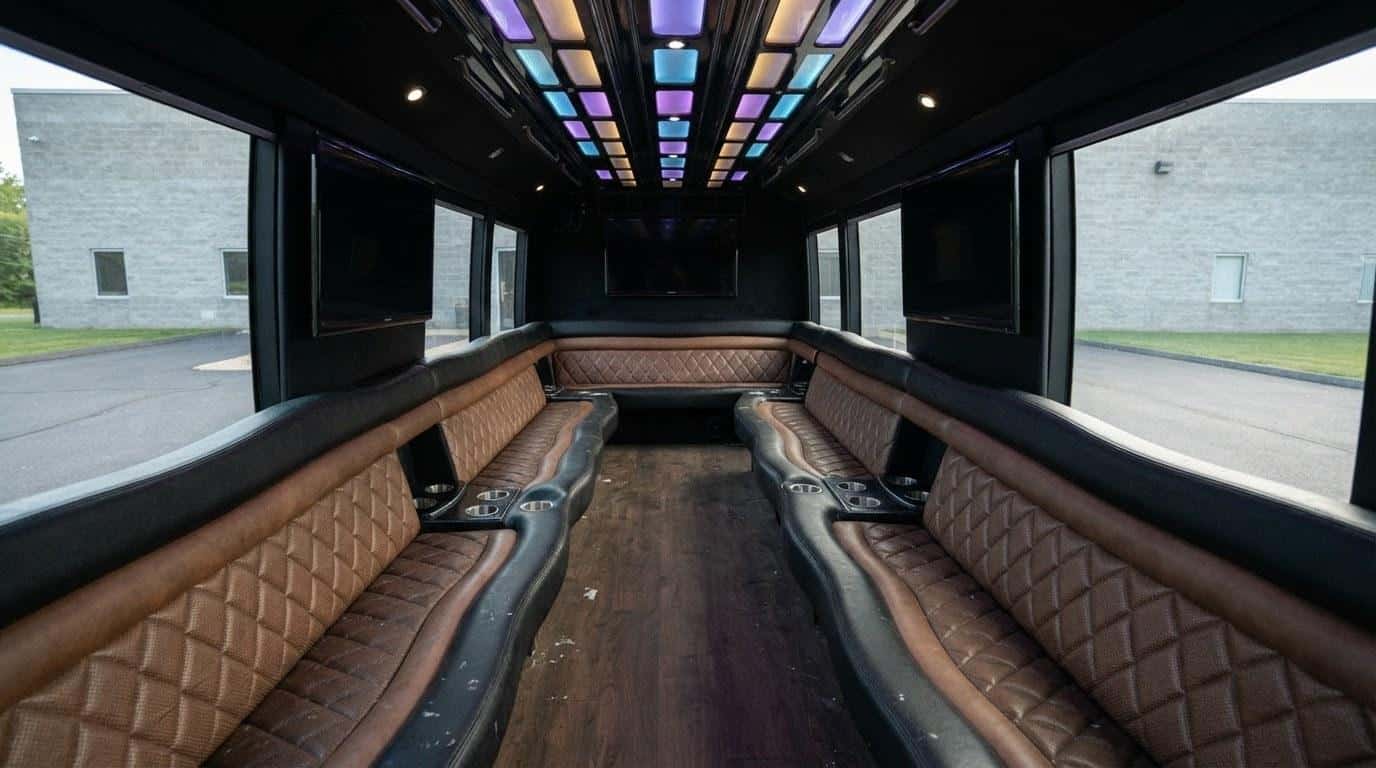 Empty luxury party bus interior with LED lighting and leather seating ready for a group event