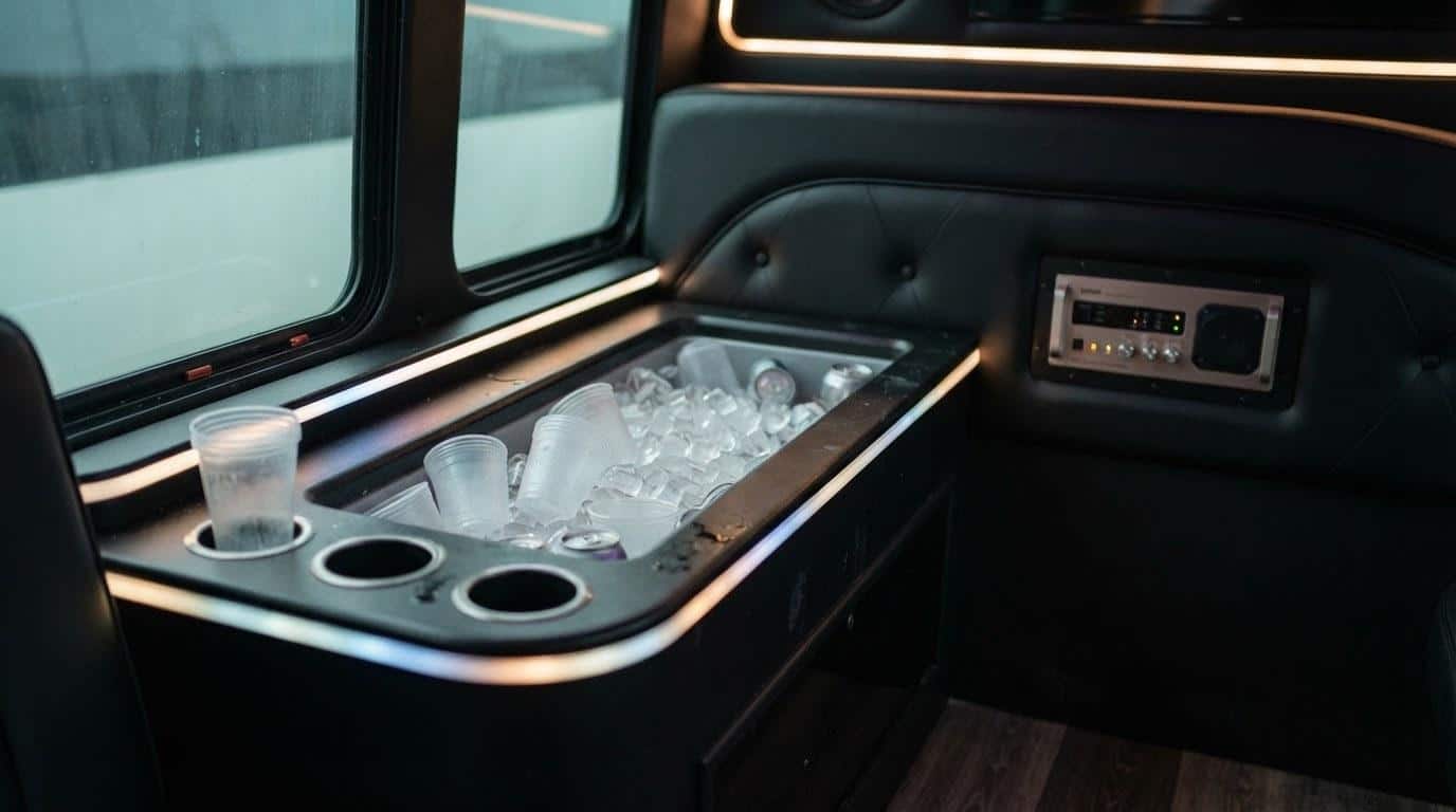 Party bus interior amenities including cooler and sound system for NY event rentals