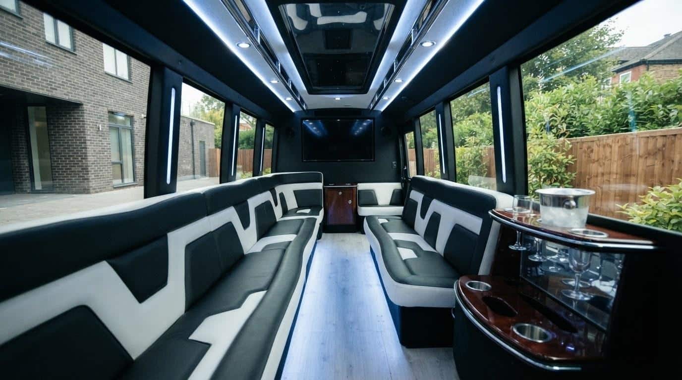 Empty interior of a mid-size party bus cabin with LED lighting and wrap-around seating ready for a group event in NY