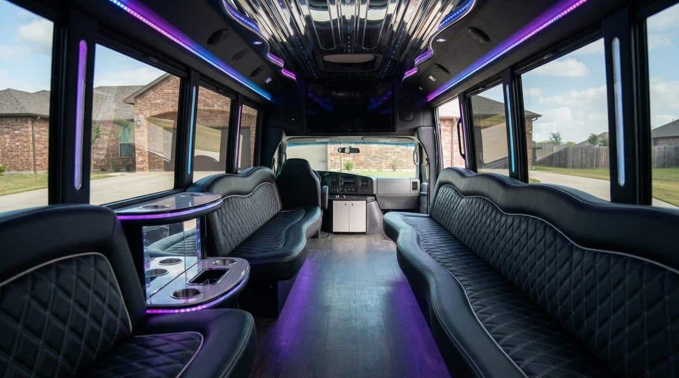 Empty interior of a mid-size party bus cabin with LED lighting and wrap-around seating ready for a group event in NY