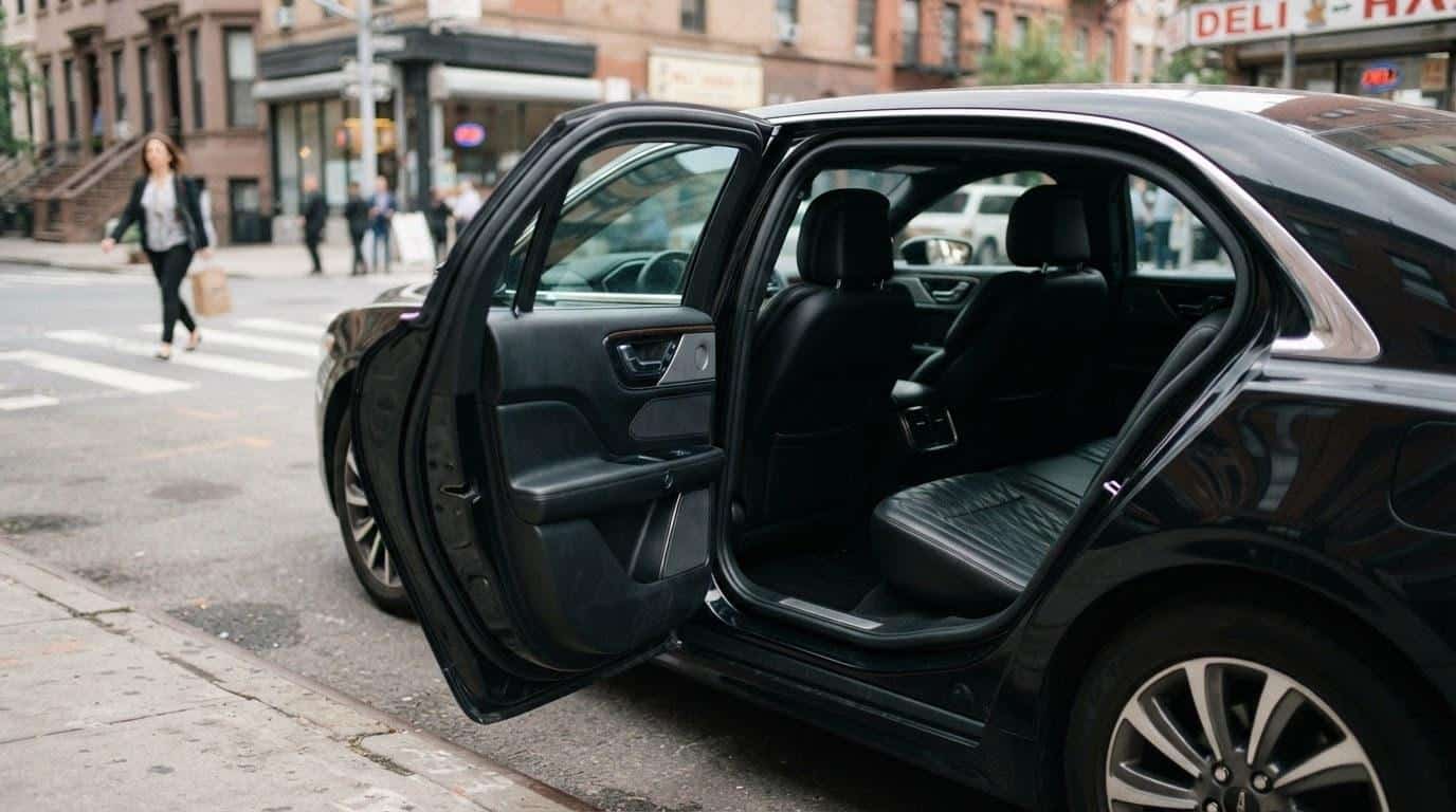 Black luxury party bus parked curbside in NY at dusk with the entrance door open showing the illuminated interior