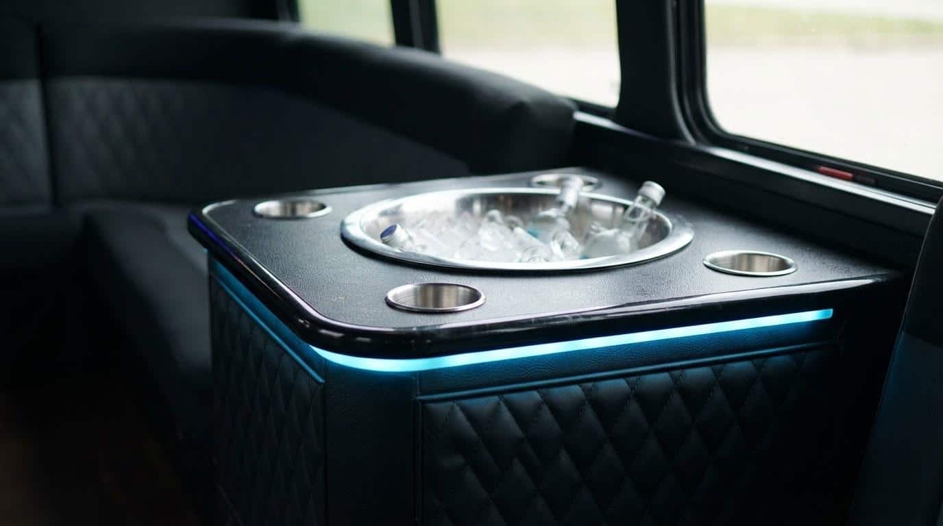 Close-up of the bar counter and LED accent lighting inside an empty luxury party bus cabin