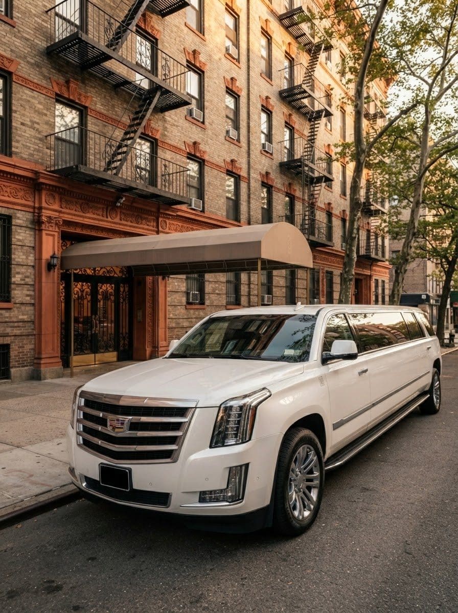 Limo service pickup in the Bronx White Cadillac Escalade limousine waiting for a pickup in the Bronx