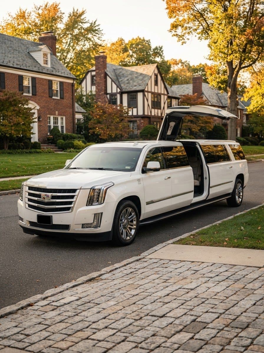 White Cadillac Escalade limousine waiting for a pickup in Westchester County