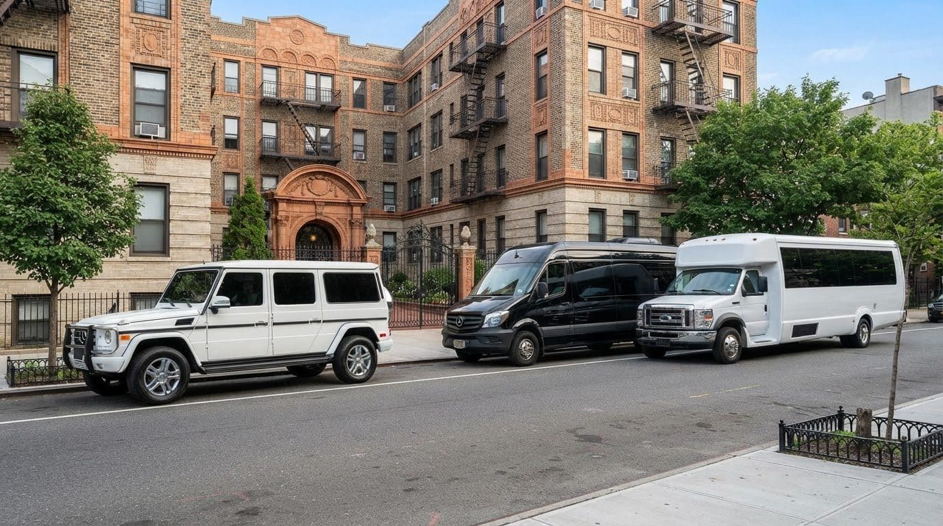 J&A Party Bus Entertainment fleet: a stretch limo, Sprinter van and party bus for the Bronx groups