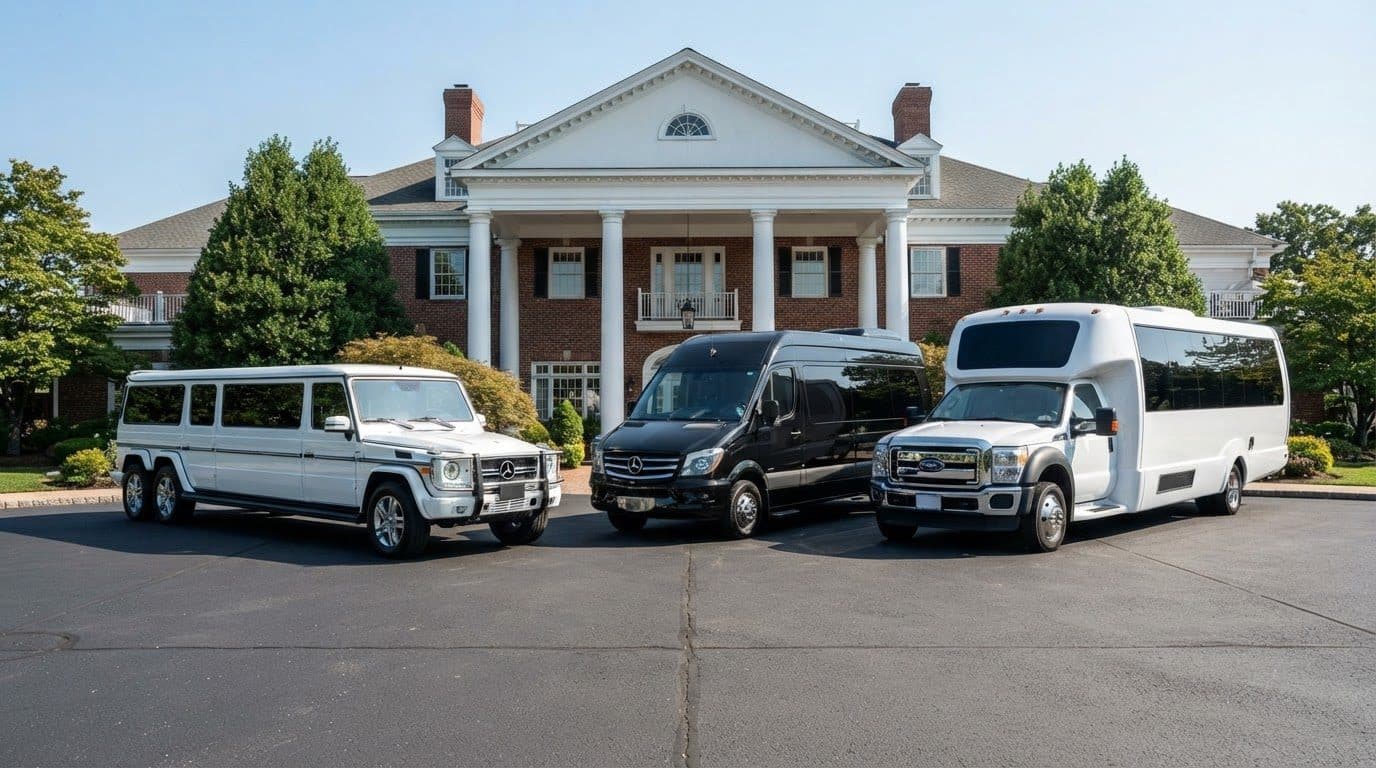 J&A Party Bus Entertainment fleet: a stretch limo, Sprinter van and party bus for Westchester County groups