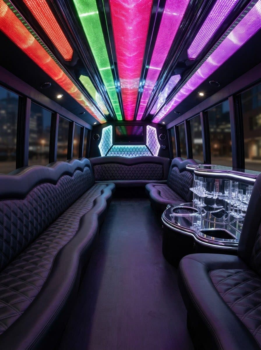 The Bronx party bus interior Party bus interior with LED ceiling lights and leather seating