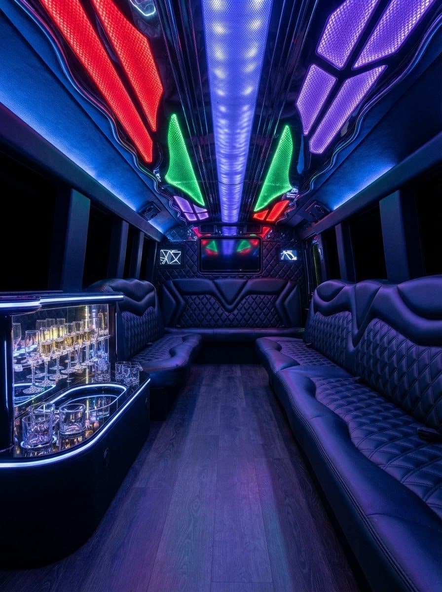 Party bus interior with LED ceiling lights and leather seating