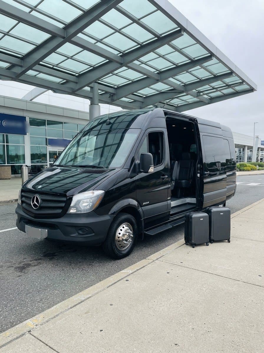 Black Mercedes-Benz Sprinter van with luggage at an airport terminal for a Staten Island transfer