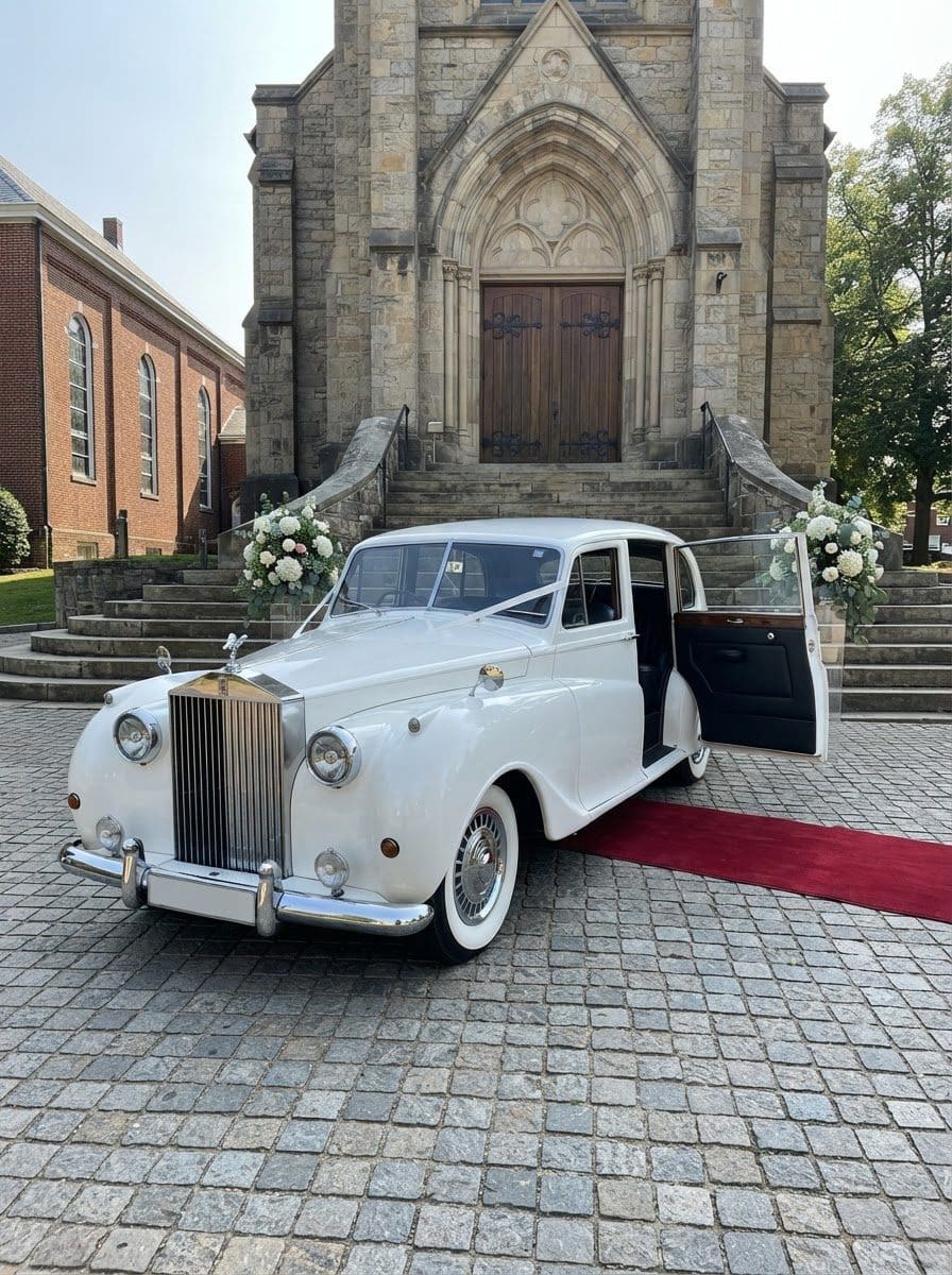 Wedding limo service in the Bronx White 1953 Rolls-Royce wedding car with a red carpet in the Bronx