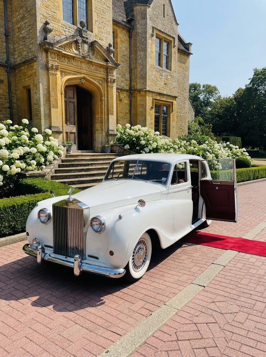 White 1953 Rolls-Royce wedding car with a red carpet in Westchester County